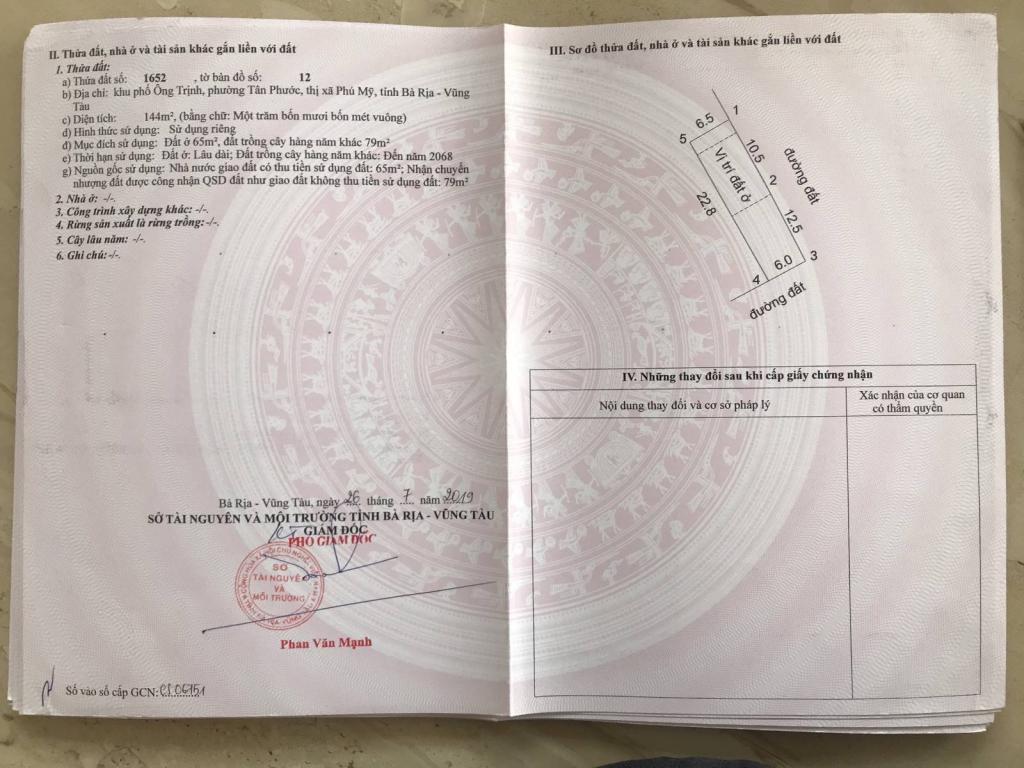 Bán đất sổ đỏ,KDC Tân Phước, TX Phú Mỹ, 